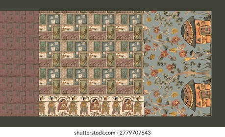 Traditional Indian saree textile pattern collection with colorful patchwork, floral motifs, paisley borders, ethnic digital print, vintage fabric texture, boho ornamental design, festive seamless sari artwork set.