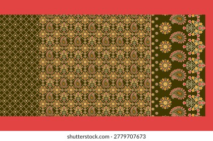 Traditional Indian saree textile pattern collection with colorful patchwork, floral motifs, paisley borders, ethnic digital print, vintage fabric texture, boho ornamental design, festive seamless sari artwork set.