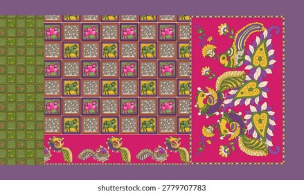 Traditional Indian saree textile pattern collection with colorful patchwork, floral motifs, paisley borders, ethnic digital print, vintage fabric texture, boho ornamental design, festive seamless sari artwork set.