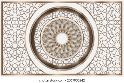 traditional islamic background and 3d golden color frame. image for ceiling decoration.