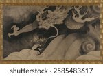 Traditional Japanese dragon artwork in black and white. The dragon is depicted with swirling clouds, showcasing classic Japanese art style and mythical themes. Vintage Japanese art illustration.