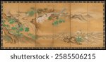 Traditional Japanese screen art depicting a mythical phoenix among trees and mountains. The phoenix, a symbol of rebirth, is central to this Japanese artwork. Vintage floral illustration, art drawing.