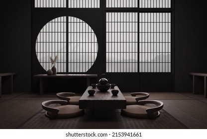 Traditional japanese tea room interior with tatami mats.3d rendering