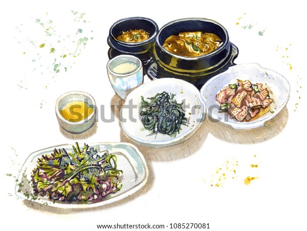 伝統的な韓国料理 白い背景にスープ サラダ 飲み物 アジア料理 韓国の有名な料理 食事時間 観光 水滴と水しぶきを含む手描きのスケッチな水彩イラスト の イラスト素材