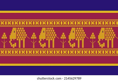 Traditional Lanna Ancient Elephant Pattern Design Geometric Ethnic Pattern Elephant Oriental Color. Design For Fabric, Curtain, Background, Carpet, Wallpaper, Clothing, Wrapping 