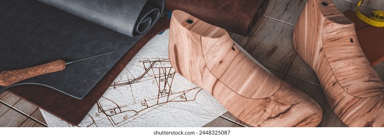 Traditional leather work to make shoes concept with tools and knives on a work bench 3d render - Powered by Shutterstock