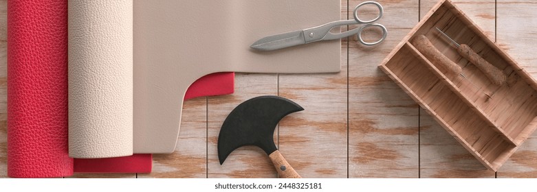 Traditional leather work to make shoes concept with tools and knives on a work bench 3d render - Powered by Shutterstock