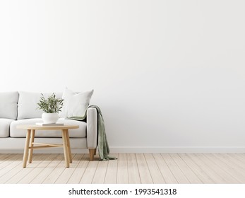 Traditional Living Room Interior Mockup With Grey Sofa, Green Throw, Pillow And Wooden  Coffee Table With Olive Twigs In Vase On Empty White Wall Background. 3d Rendering, Illustration