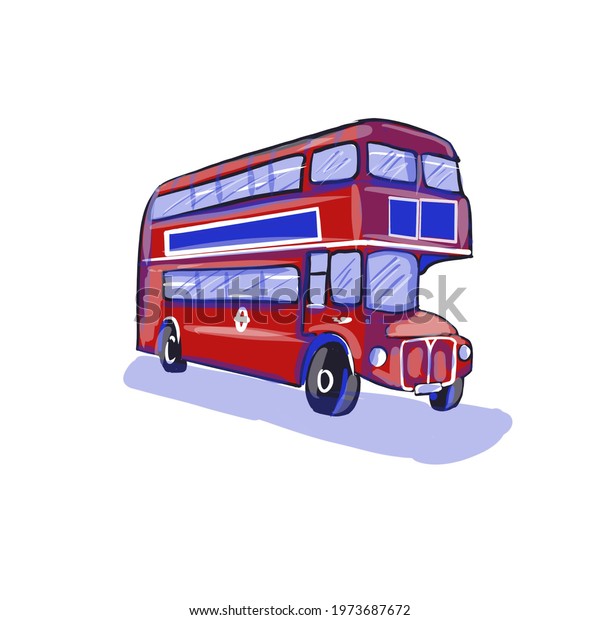 Traditional London double-decker buss. Red and\
blue color palette. Image good. Image good for personal blog,\
icons, for language teachers, \
courses