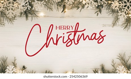 Traditional Merry Christmas greeting with pine and snowflakes on a wooden background, ideal for holiday cards. - Powered by Shutterstock