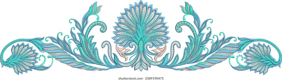 Traditional mughal arts embroidery design leaves and decorative ornaments for textile print on fabric
