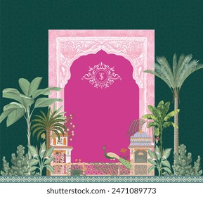 Traditional Mughal garden arch, peacock palace illustration frame for wedding invitation - Powered by Shutterstock