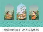 Traditional Mughal queen king sitting in garden, arch landscape wallpaper. Traditional Mughal forest garden illustration. Mughal miniature and wall painting.