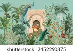 Traditional Mughal Queen sitting in garden Dom. Indian Mughal art wallpaper illustrations. Indian Rajasthani Art Traditional Wall Mural for Living Room, Canvas, Painting Art.