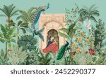 Traditional Mughal Queen sitting in garden Dom. Indian Mughal art wallpaper illustrations. Indian Rajasthani Art Traditional Wall Mural for Living Room, Canvas, Painting Art.