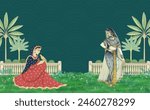 Traditional Mughal Queen sitting in garden Dom. Indian Mughal art wallpaper illustrations. Indian Rajasthani Art Traditional Wall Mural for Living Room, Canvas, Painting Art.