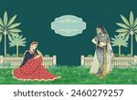 Traditional Mughal Queen sitting in garden Dom. Traditional Mughal Background Design for Wedding invitation.