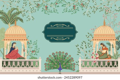 Traditional Mughal Queen sitting in garden Dom. Traditional Mughal Background Design for Wedding invitation. - Powered by Shutterstock