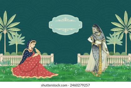 Traditional Mughal Queen sitting in garden Dom. Traditional Mughal Background Design for Wedding invitation. - Powered by Shutterstock