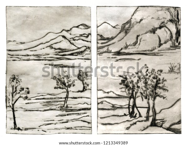 Traditional\
painting landscape engraving linocut\
diptych