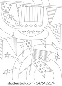 Traditional Patriotic American Coloring Page: Star-striped Hat, Decorative Flags And Fireworks Lights