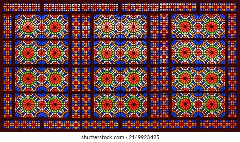 Traditional Persian Window With Color Stained-glass And Geometric Pattern