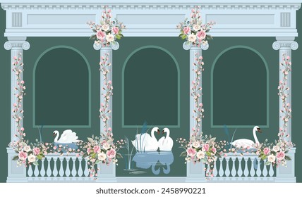 Traditional Roman garden, arch, swan, wallpaper. Greek Roman  illustration border for wedding invitation, wedding backdrop. - Powered by Shutterstock