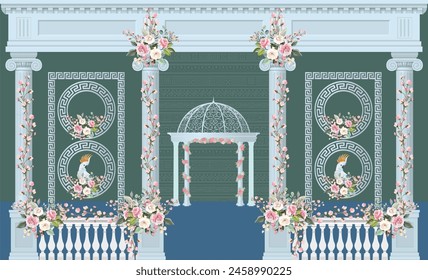 Traditional Roman garden, arch, swan, wallpaper. Greek Roman  illustration border for wedding invitation, wedding backdrop. - Powered by Shutterstock