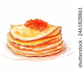 Traditional russian blini (thin pancakes) with red caviar watercolor hand drawn illustration, isolated food illustration