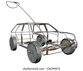 A traditional south african handmade wire toy car made out of metal and copper wire with tin cans as wheels on an isolated background