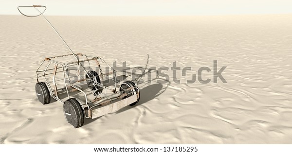 A traditional south african handmade wire toy\
car made out of metal and copper wire with tin cans as wheels in a\
desert landscape