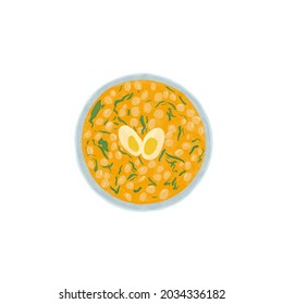 Traditional Spanish Cuisine Dish Potaje.Soup With Chickpea, Cod, Spinach And Egg. Digital Food Illustration.