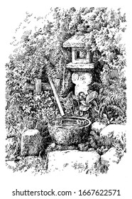 Traditional Stone Lantern (Toro) And Stone Water Cup (Tsukubai) In The Japanese Garden. Black And White Hand Drawing With Pen And Ink. Engraving, Etching, Sketch Style.