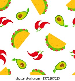 Traditional taco day seamless pattern. National fastfood illustration tacos with beef, salad and tomato, green avocado and hot chili peppers randomly ordered on white background for cafe design - Powered by Shutterstock