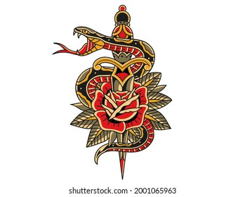 Traditional Tattoo Snake Rose Sword