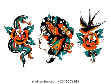 Traditional tattoos flashes, lines and colours, several subjects