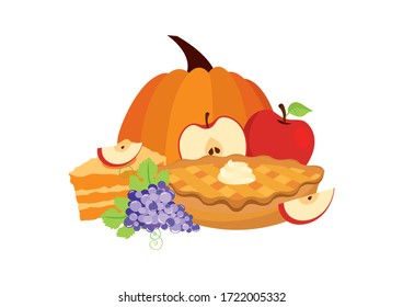 Traditional Thanksgiving Sweet Food Illustration. Thanksgiving Day Meal Icon. Classic American Pie Clip Art. Apple Pie Icon Isolated On A White Background. Autumn Food Icon. Pumpkin And Fruitcake Icon