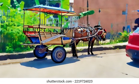 Traditional Transportation From Indonesia, Eco Friendly, Cost Effective, No Fuel Oil, Horse Drawn Carriage, Brown Horse, Wooden Carriage, Car Wheels, Parked On The Side Of The Road, City View Illustra