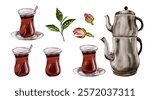 traditional Turkish tea. Two-tier kettle samovar and a set of different glasses for hot drinks. Tea plant and dry roses. Watercolor illustration without background