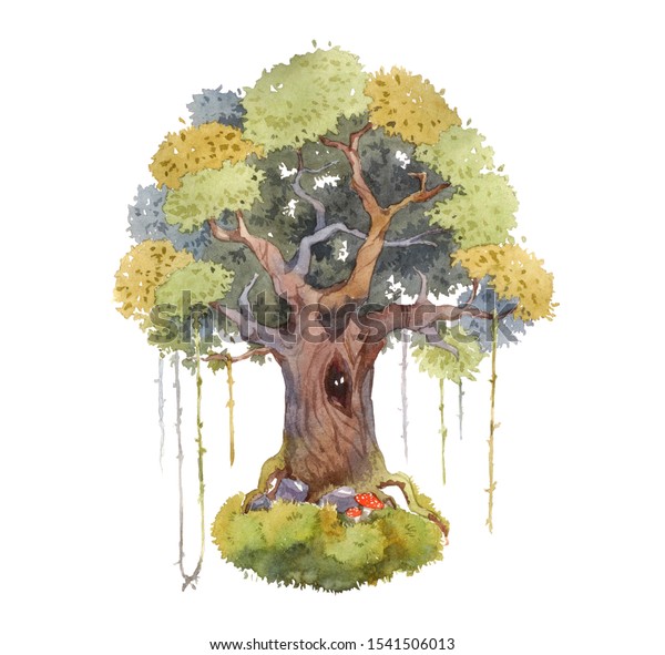 童話の樫の木の伝統的な水彩画で 中に幽霊が住んでいる 白い背景に緑の木とリアナ 手描きの自然のオブジェクト ハロウィーンの魔法のテーマ のイラスト素材