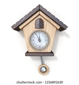 Traditional wooden cuckoo clock Front view 3D rendering illustration isolated on white background
