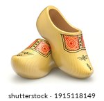 Traditional yellow dutch wooden shoes - 3D illustration