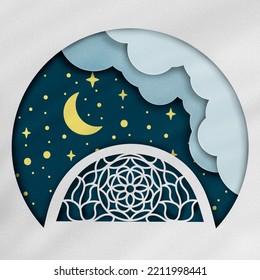 Traditional Yemen Qamariah At Night With Clouds, Moon And Stars Background, Paper Cutout Effect Illustrations, Digital Drawing.