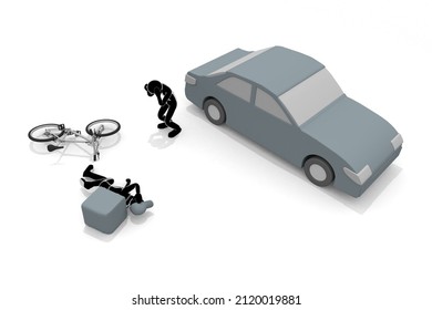 Traffic Accident During Delivery. A Truck And A Motorcycle Collide. Collide With People On A Bicycle. Injured In A Traffic Accident. 3D Rendering