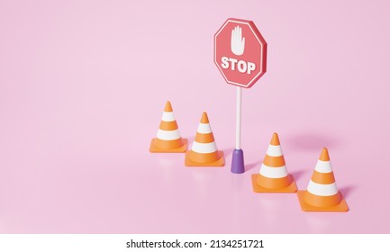 Traffic Alert Safety Concept. Isometric Red Octagon Pole Label Warning Symbol With Hand Stop And Cone On Pink Background. Precaution, Beware Danger, Prohibit, 3d Render Illustration