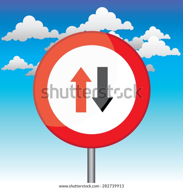 Traffic circle shaped Approaching\
Cars Have Right of Way sign with post on blue sky\
background
