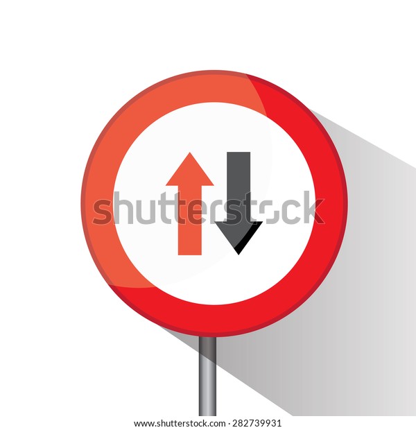 Traffic circle shaped Approaching Cars\
Have Right of Way sign with post on white\
background