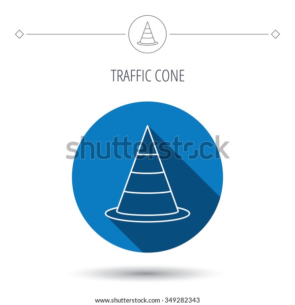 Traffic cone icon. Road warning sign. Blue\
flat circle button. Linear icon with shadow.\
