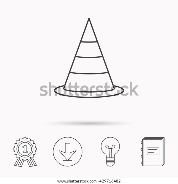 Traffic cone icon. Road warning sign.\
Download arrow, lamp, learn book and award medal\
icons.