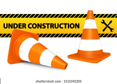 Traffic Cones And Under Construction Banner - 3D Illustration Isolated On White Background